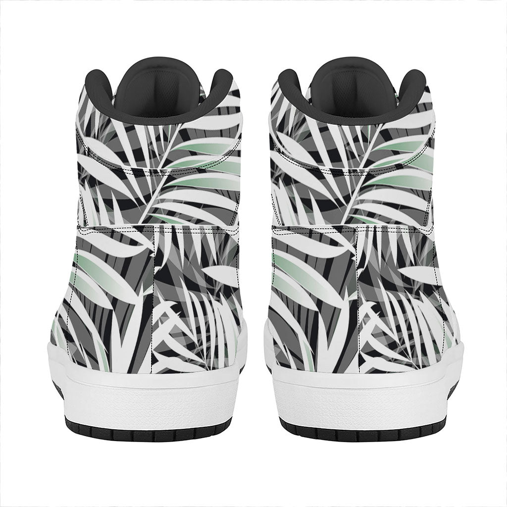 Black White Tropical Leaf Pattern Print High Top Leather Sneakers