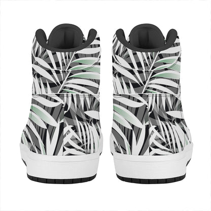Black White Tropical Leaf Pattern Print High Top Leather Sneakers