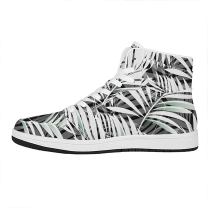 Black White Tropical Leaf Pattern Print High Top Leather Sneakers