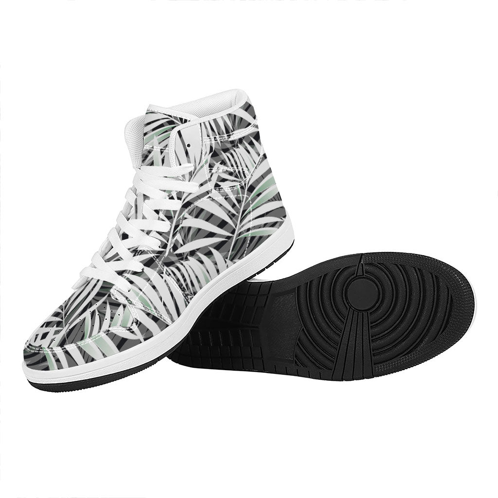 Black White Tropical Leaf Pattern Print High Top Leather Sneakers
