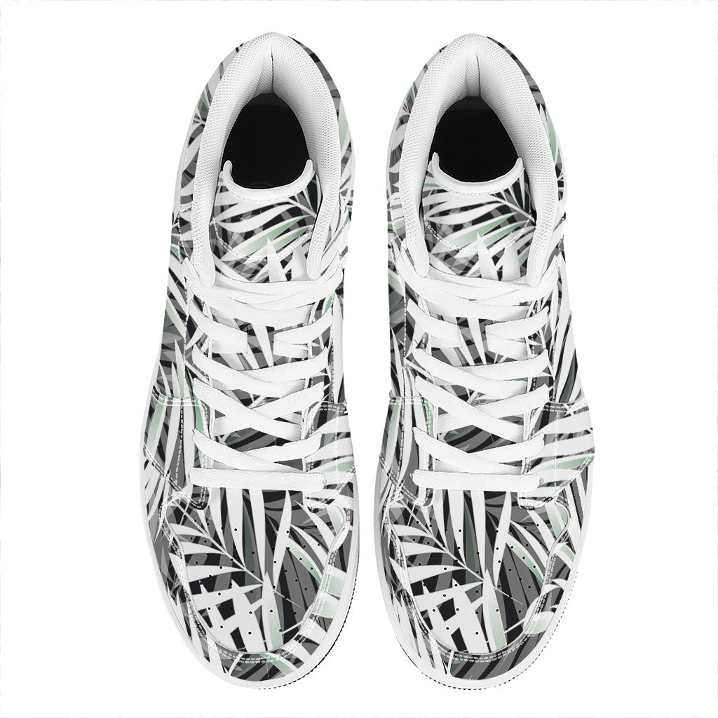 Black White Tropical Leaf Pattern Print High Top Leather Sneakers