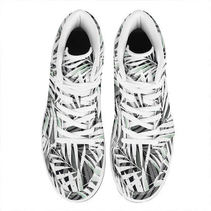 Black White Tropical Leaf Pattern Print High Top Leather Sneakers