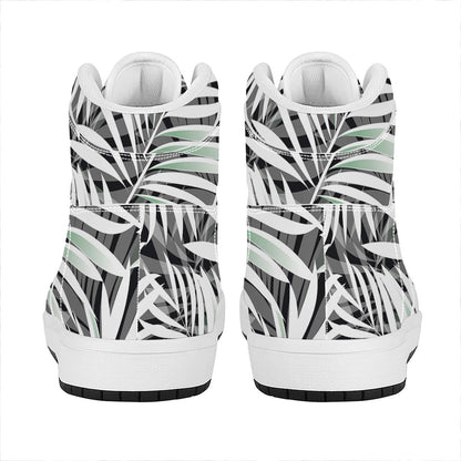 Black White Tropical Leaf Pattern Print High Top Leather Sneakers
