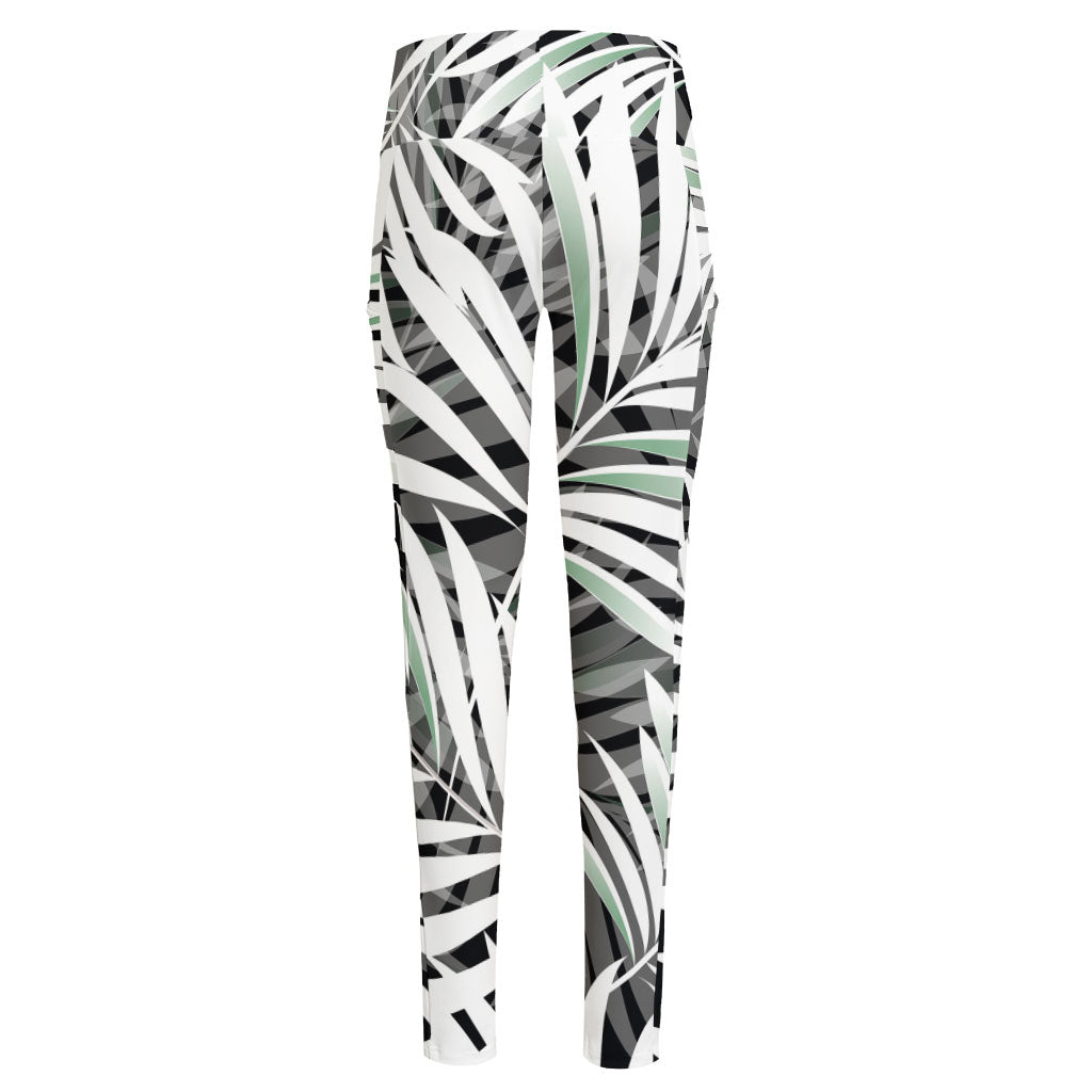 Black White Tropical Leaf Pattern Print High-Waisted Pocket Leggings