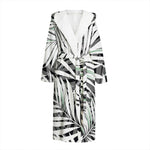 Black White Tropical Leaf Pattern Print Hooded Bathrobe