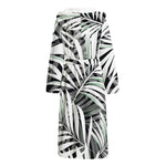 Black White Tropical Leaf Pattern Print Hooded Bathrobe