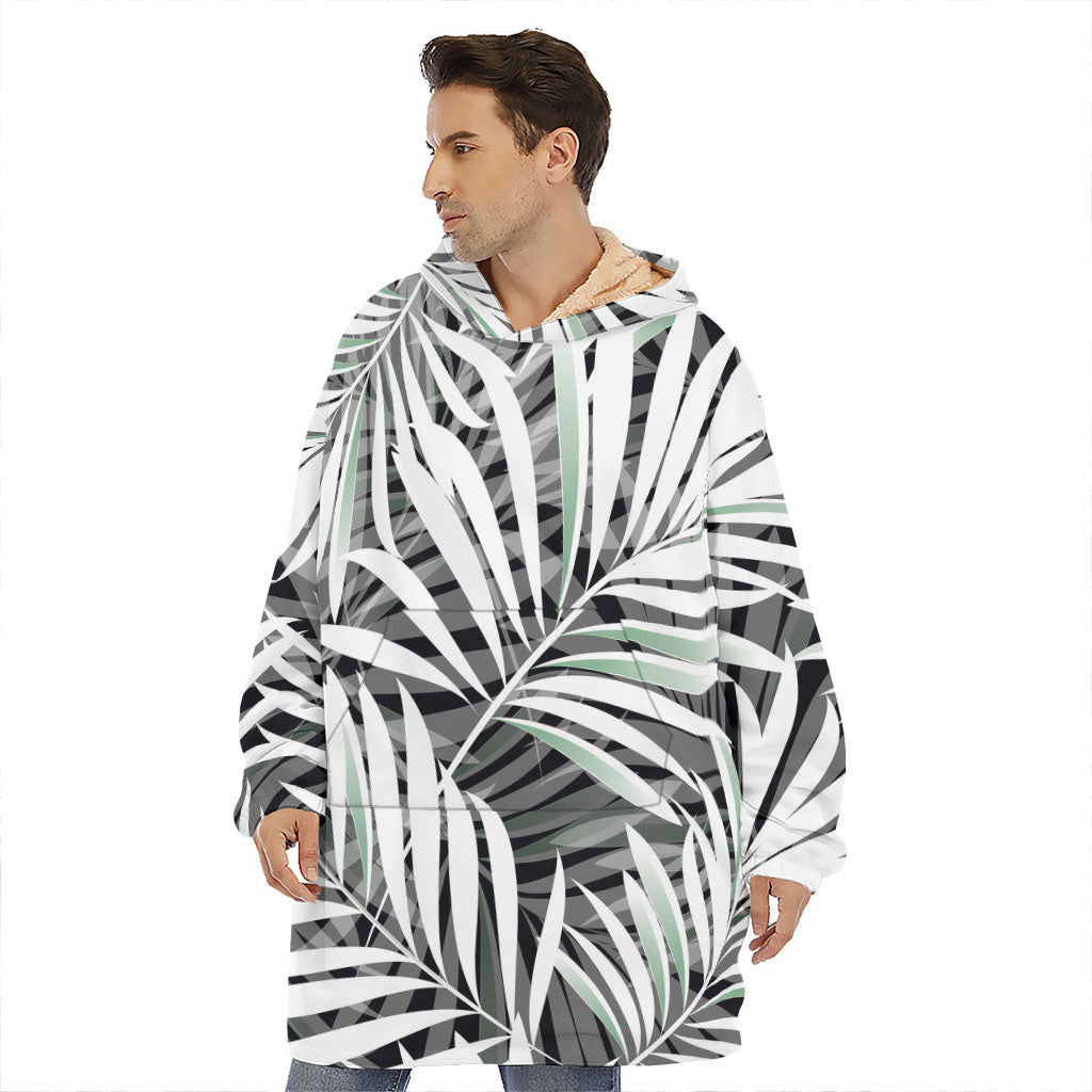 Black White Tropical Leaf Pattern Print Hoodie Blanket
