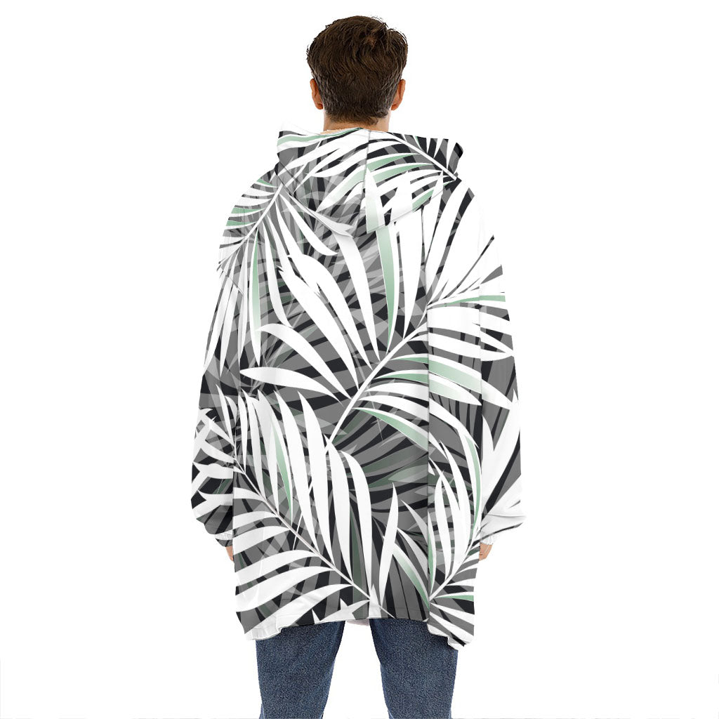 Black White Tropical Leaf Pattern Print Hoodie Blanket