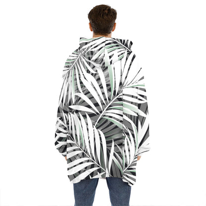 Black White Tropical Leaf Pattern Print Hoodie Blanket