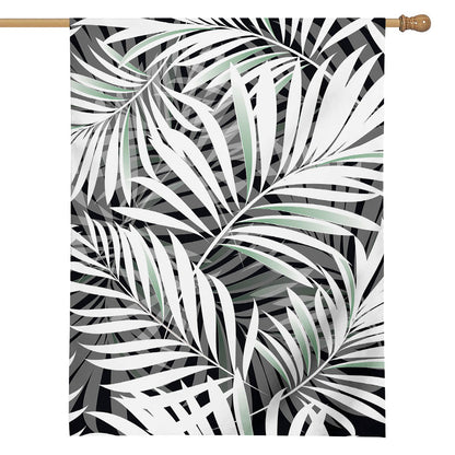 Black White Tropical Leaf Pattern Print House Flag