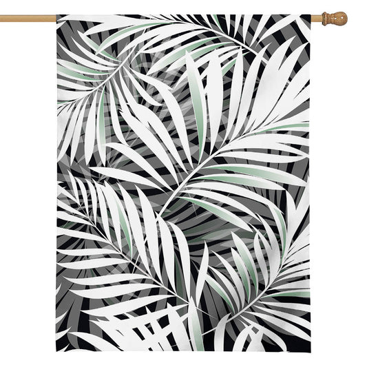 Black White Tropical Leaf Pattern Print House Flag