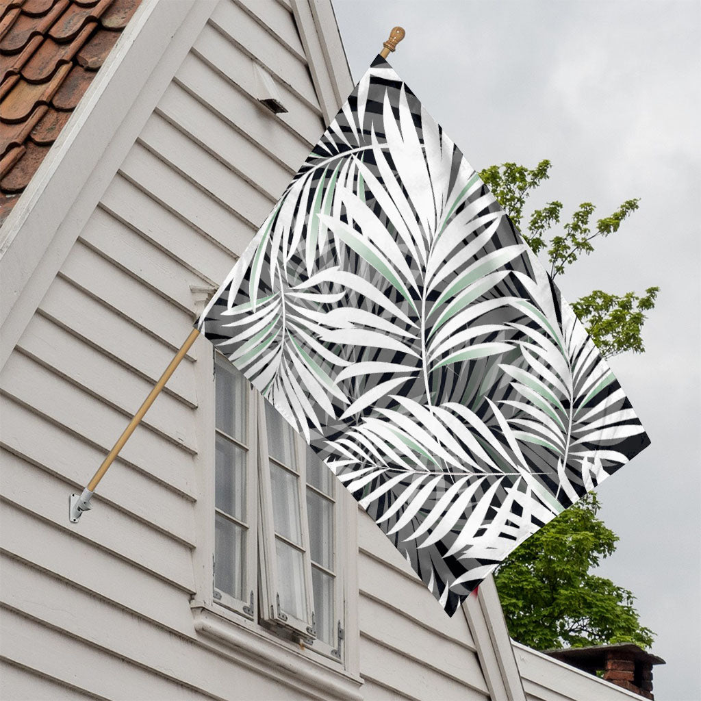 Black White Tropical Leaf Pattern Print House Flag