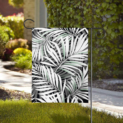 Black White Tropical Leaf Pattern Print House Flag