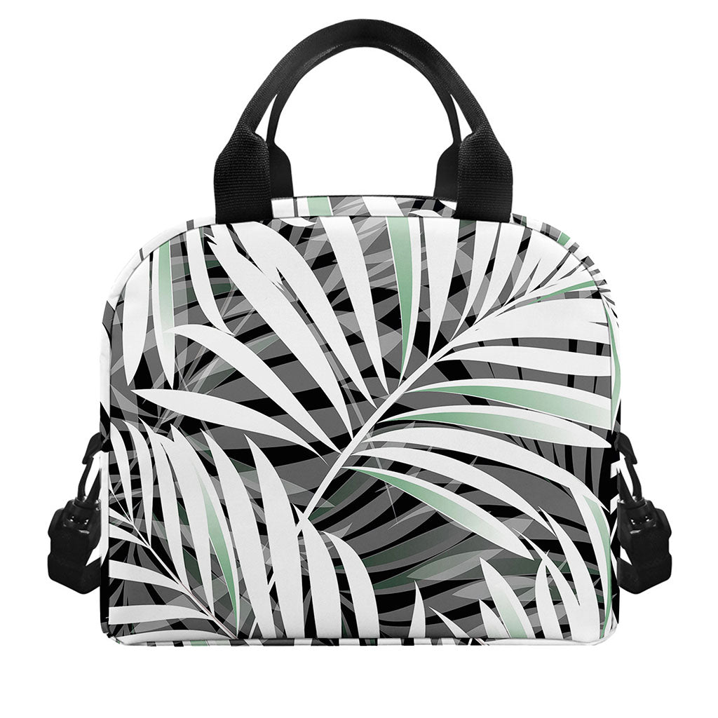 Black White Tropical Leaf Pattern Print Insulated Lunch Bag
