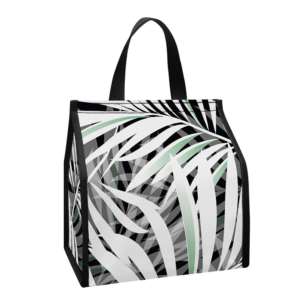 Black White Tropical Leaf Pattern Print Insulated Lunch Tote