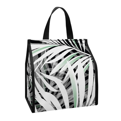 Black White Tropical Leaf Pattern Print Insulated Lunch Tote
