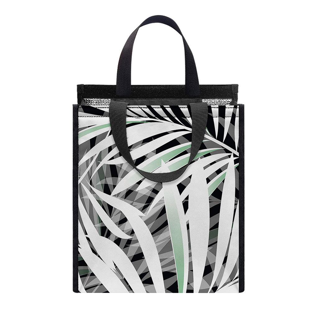 Black White Tropical Leaf Pattern Print Insulated Lunch Tote
