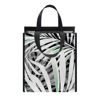 Black White Tropical Leaf Pattern Print Insulated Lunch Tote