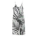 Black White Tropical Leaf Pattern Print Jersey Midi Cami Dress