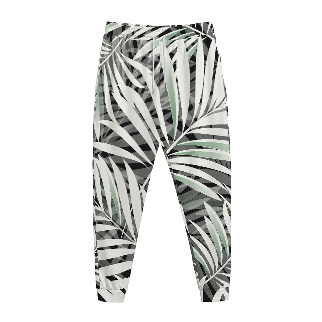 Black White Tropical Leaf Pattern Print Jogger Pants
