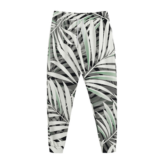 Black White Tropical Leaf Pattern Print Jogger Pants