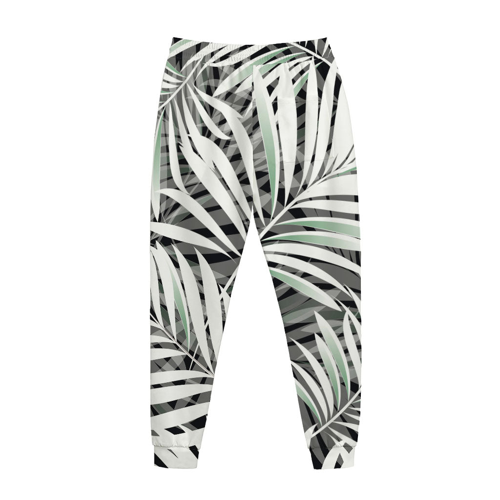 Black White Tropical Leaf Pattern Print Jogger Pants