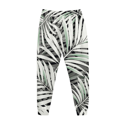 Black White Tropical Leaf Pattern Print Jogger Pants
