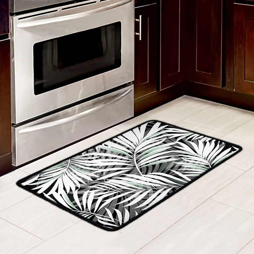 Black White Tropical Leaf Pattern Print Kitchen Mat