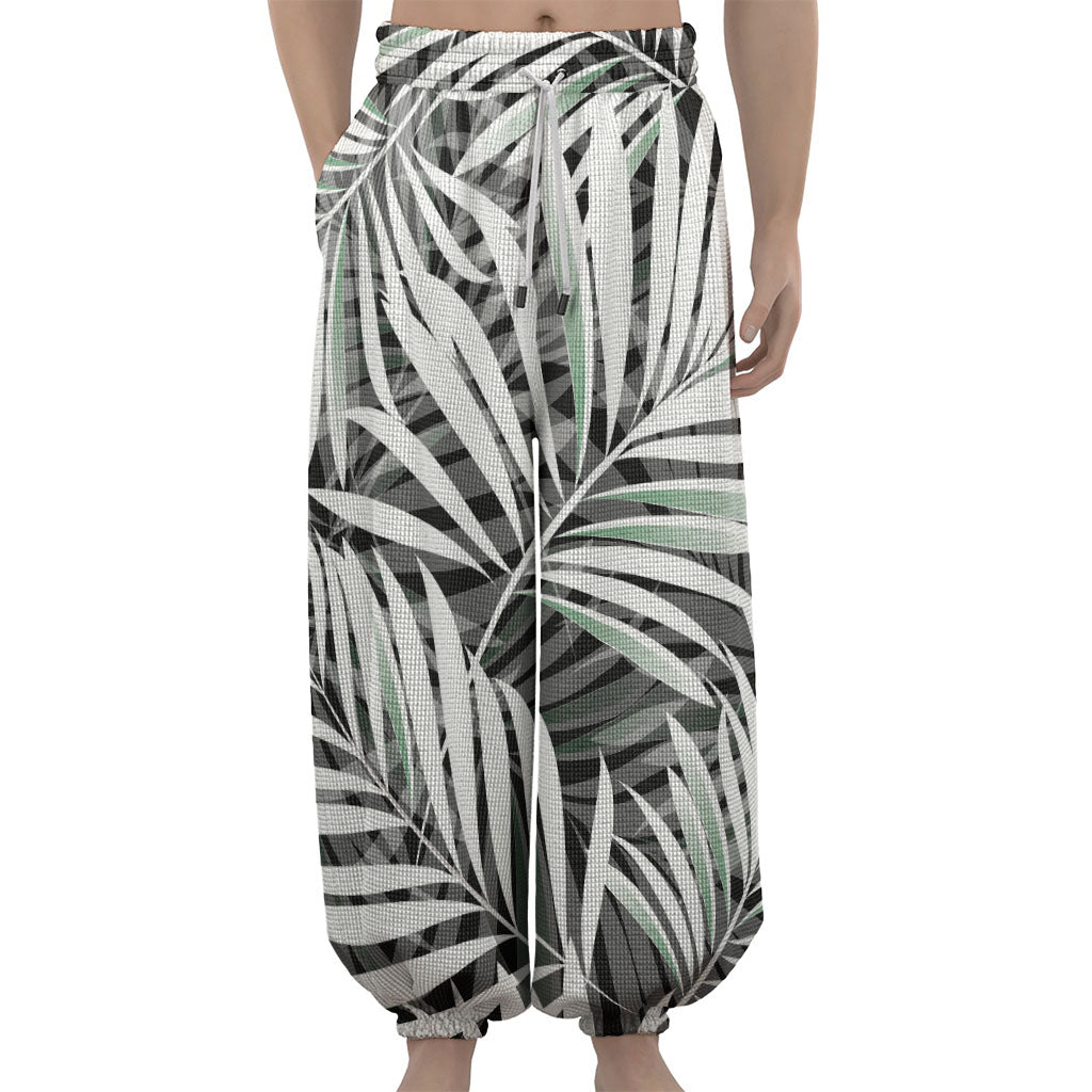 Black White Tropical Leaf Pattern Print Lantern Pants