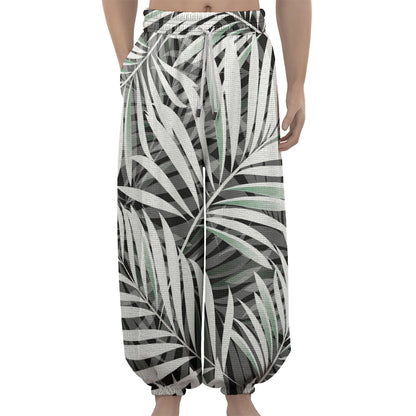 Black White Tropical Leaf Pattern Print Lantern Pants