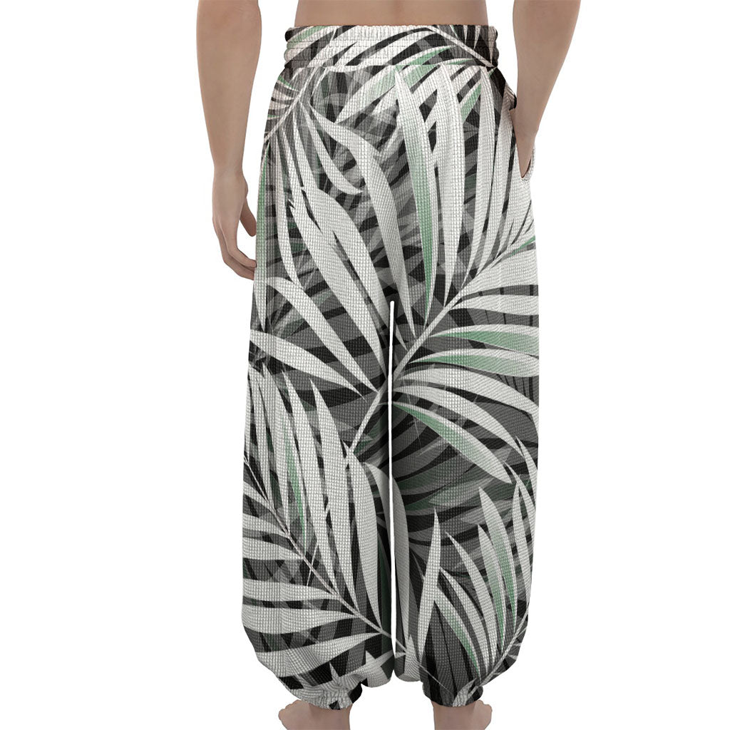 Black White Tropical Leaf Pattern Print Lantern Pants