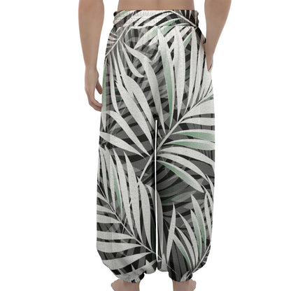 Black White Tropical Leaf Pattern Print Lantern Pants