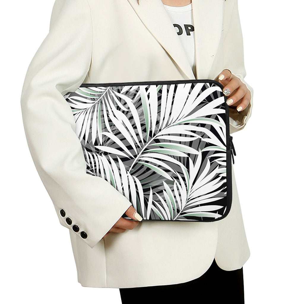 Black White Tropical Leaf Pattern Print Laptop Sleeve