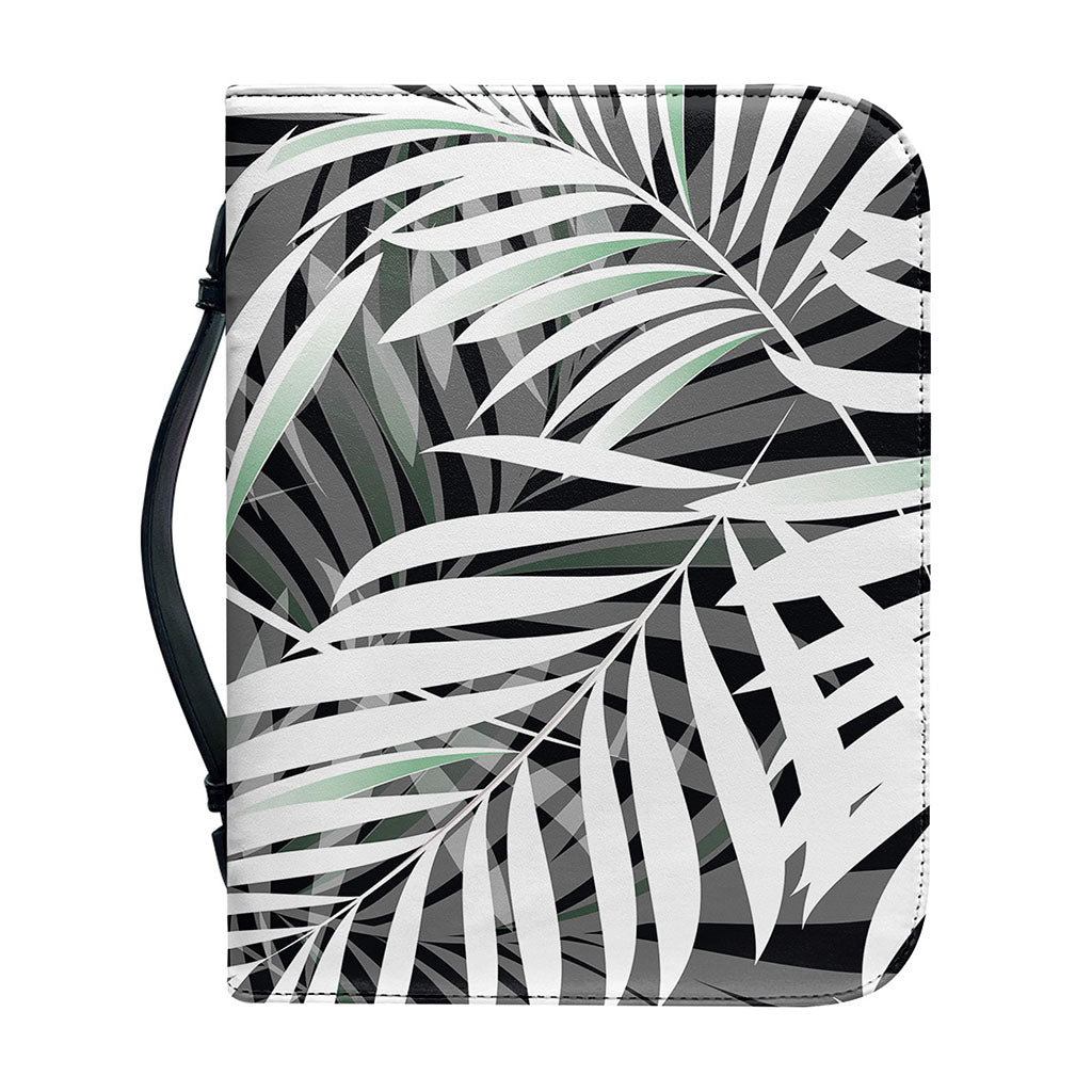 Black White Tropical Leaf Pattern Print Leather Bible Cover