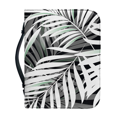 Black White Tropical Leaf Pattern Print Leather Bible Cover