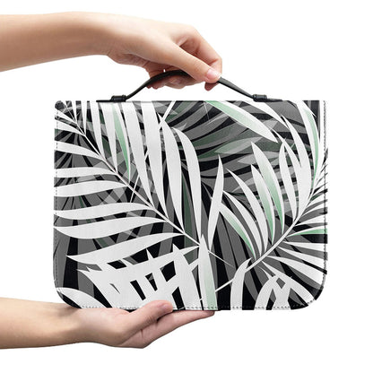 Black White Tropical Leaf Pattern Print Leather Bible Cover