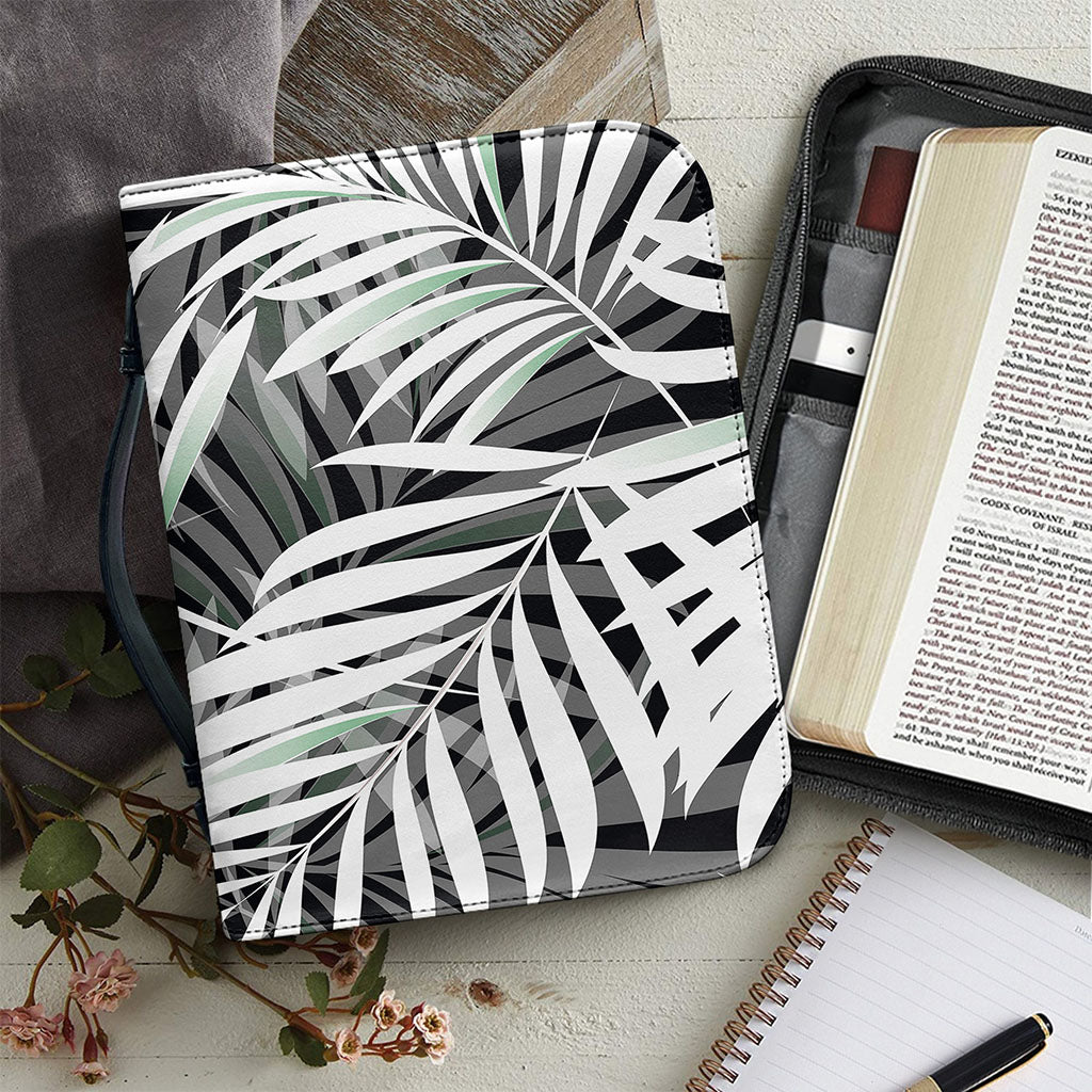 Black White Tropical Leaf Pattern Print Leather Bible Cover
