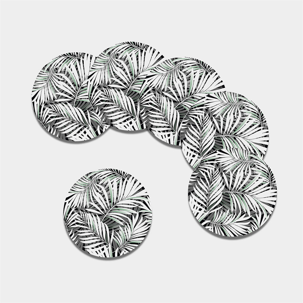 Black White Tropical Leaf Pattern Print Leather Coaster Set