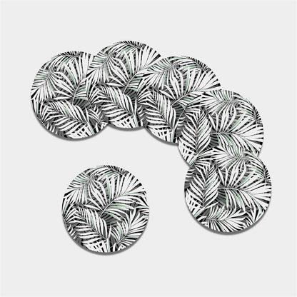 Black White Tropical Leaf Pattern Print Leather Coaster Set