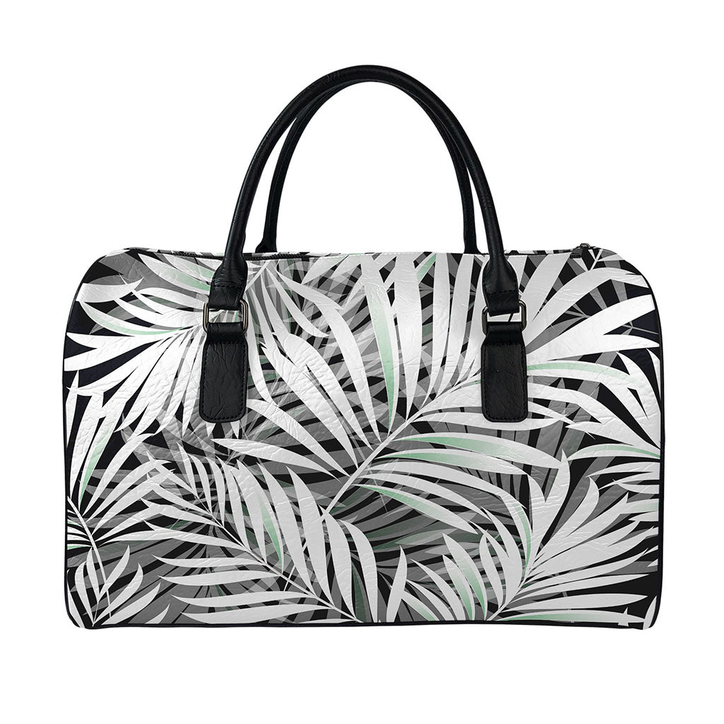 Black White Tropical Leaf Pattern Print Leather Duffle Bag