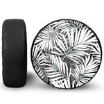 Black White Tropical Leaf Pattern Print Leather Spare Tire Cover