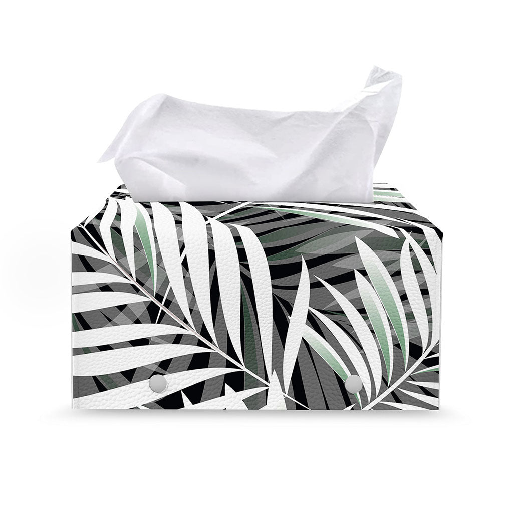 Black White Tropical Leaf Pattern Print Leather Tissue Box Cover