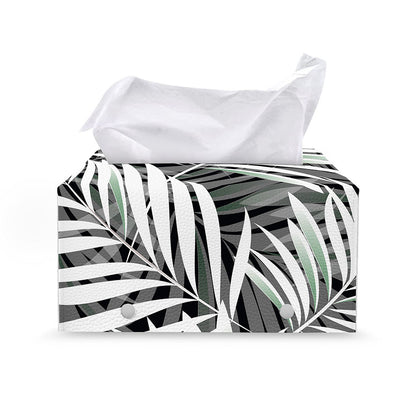 Black White Tropical Leaf Pattern Print Leather Tissue Box Cover