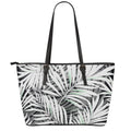 Black White Tropical Leaf Pattern Print Leather Tote Bag With Zipper