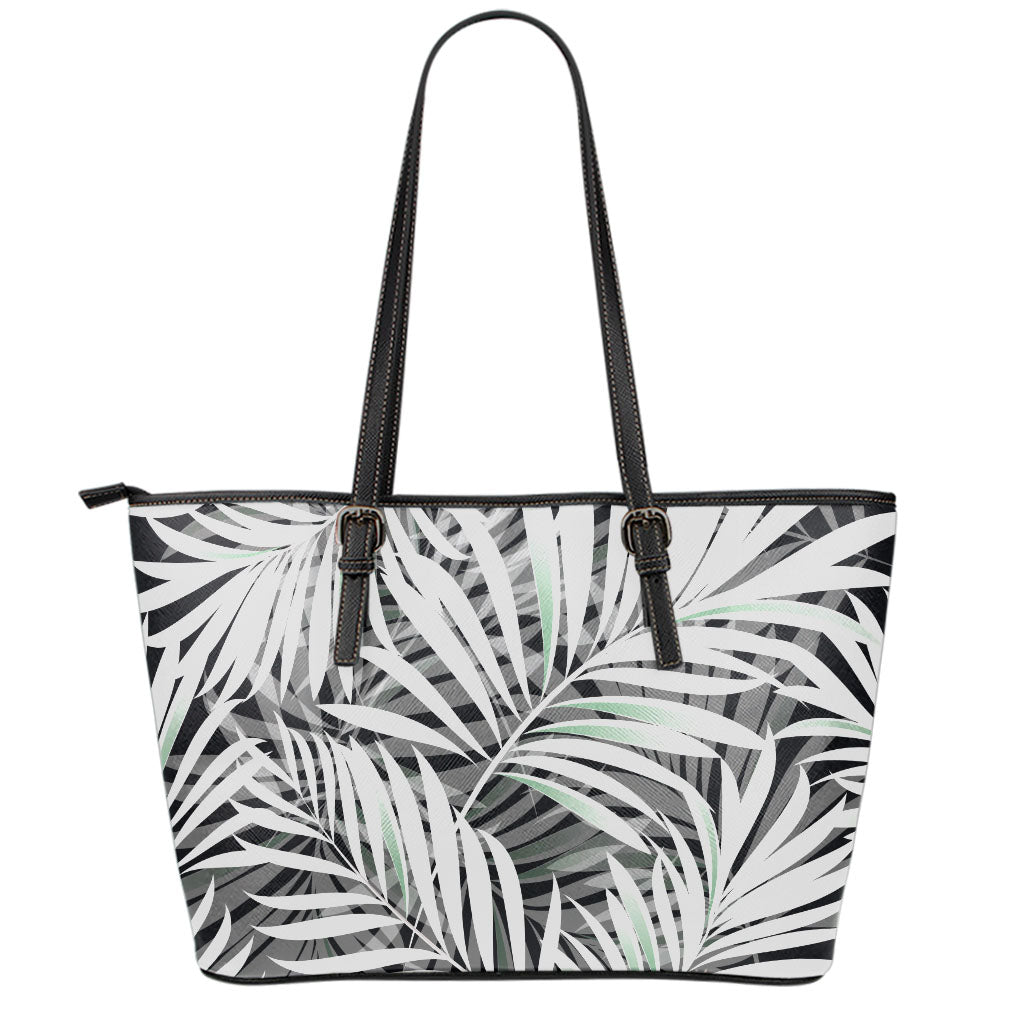 Black White Tropical Leaf Pattern Print Leather Tote Bag