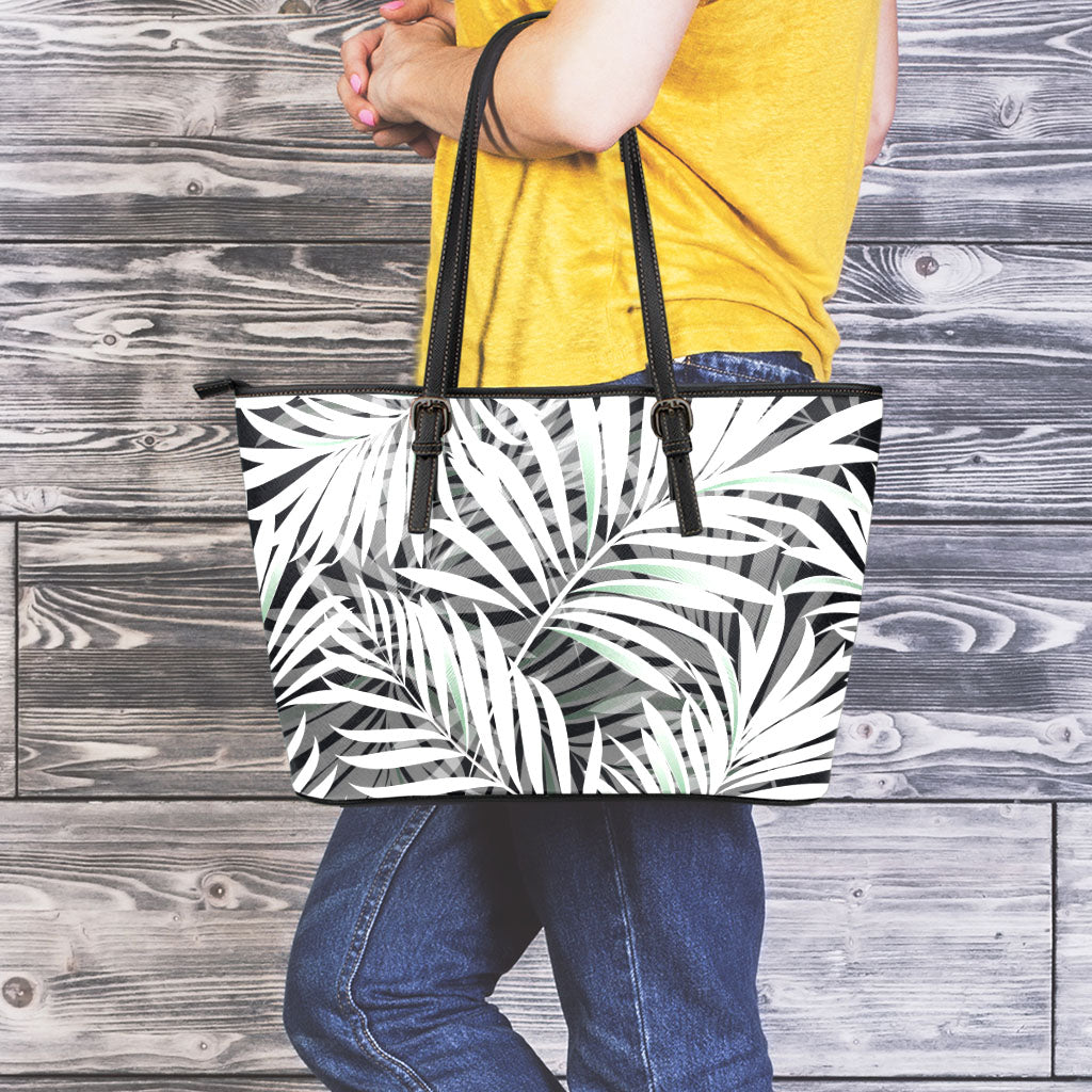 Black White Tropical Leaf Pattern Print Leather Tote Bag