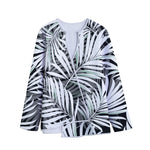 Black White Tropical Leaf Pattern Print Long Sleeve Short Coat