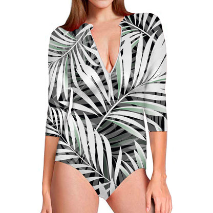 Black White Tropical Leaf Pattern Print Long Sleeve Swimsuit
