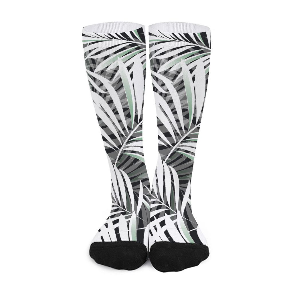 Black White Tropical Leaf Pattern Print Long Socks