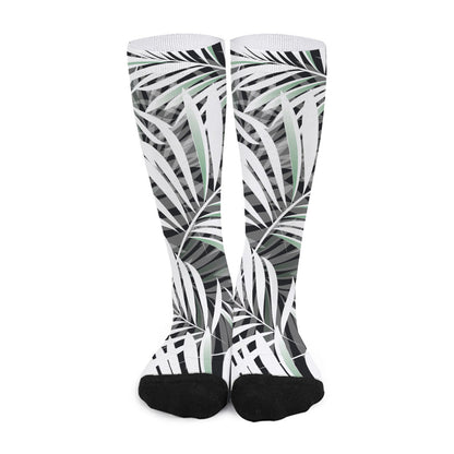 Black White Tropical Leaf Pattern Print Long Socks